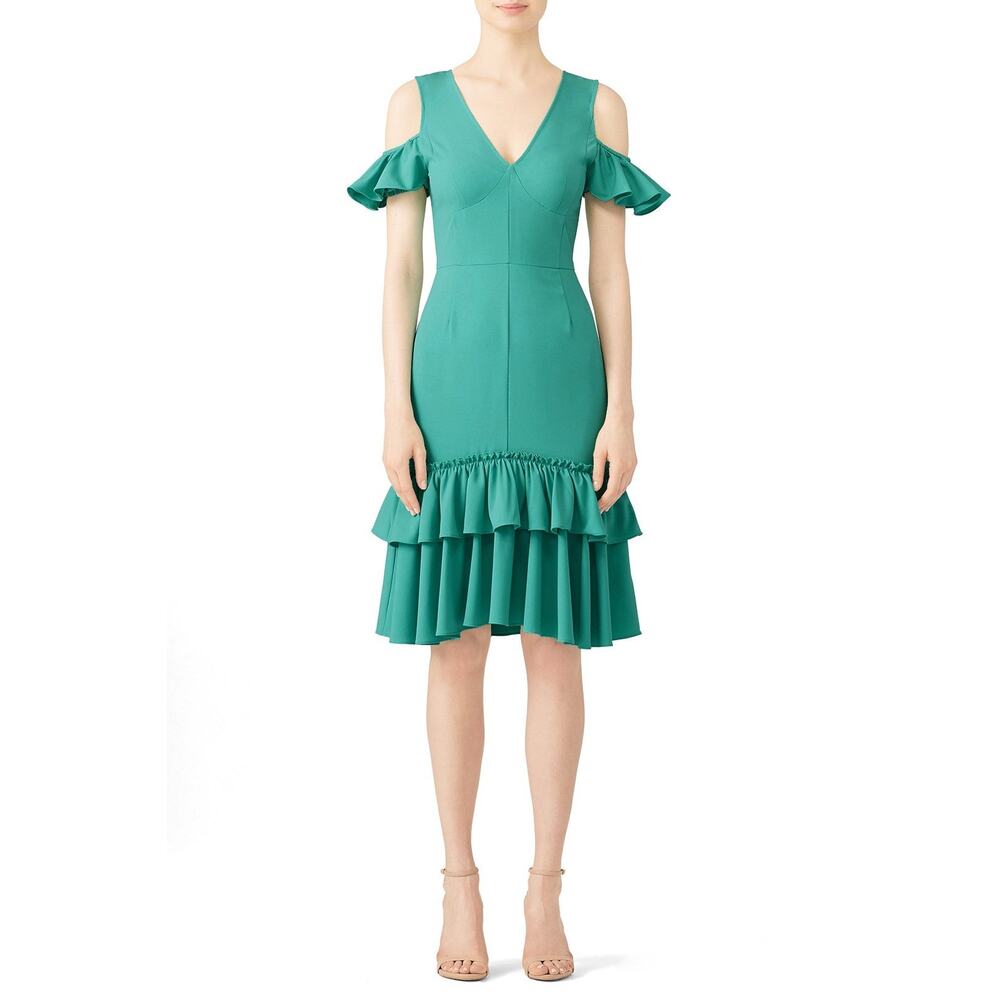 NWT Tome Teal Mermaid Cold Shoulder Ruffle Skirt Cocktail Midi Dress Size 4